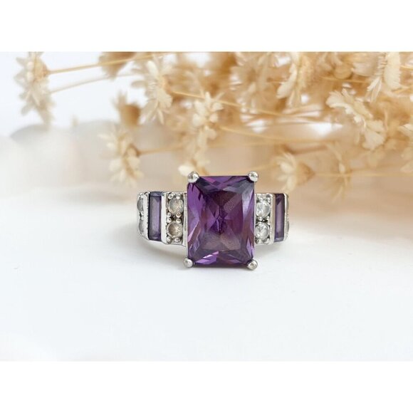 Geometric Amethyst Gemstone Rectangular Cut Sterling Silver Vintage Ring - sz 8 - Picture 9 of 10